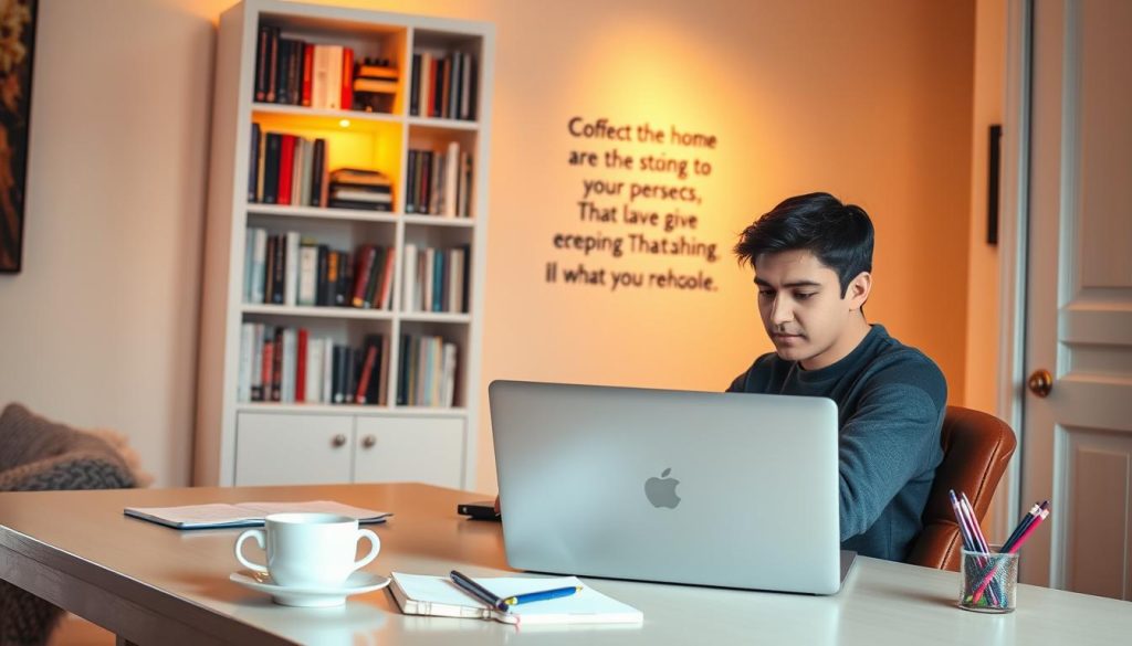 A cozy home office setting with a person sitting at a desk, taking a GRE exam on a laptop. The lighting is warm and inviting, with a softly illuminated bookshelf in the background. The desk is clutter-free, with a cup of coffee, a set of pencils, and a notebook neatly arranged. The wall behind the desk features an inspirational quote or artwork, creating a sense of focus and determination. The overall atmosphere conveys the comfort and convenience of taking the GRE exam in the familiarity of one's own home.
